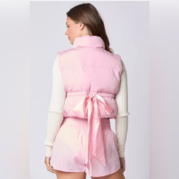 PINK PUFFER VEST WITH SATIN BOW - Picture 2 of 6